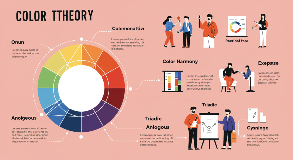 Infographic showing a color wheel, color harmony examples, and color psychology tips for graphic design.