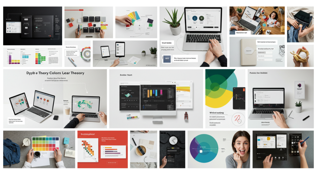Collage of design samples showcasing effective use of color theory in branding and web design.